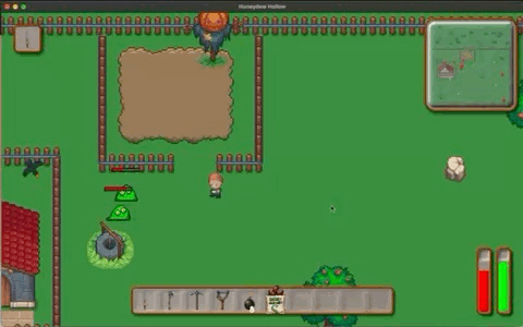 Honeydew Hollow gameplay showing a farm area with a player, tools, minimap, and health and stamina meters.