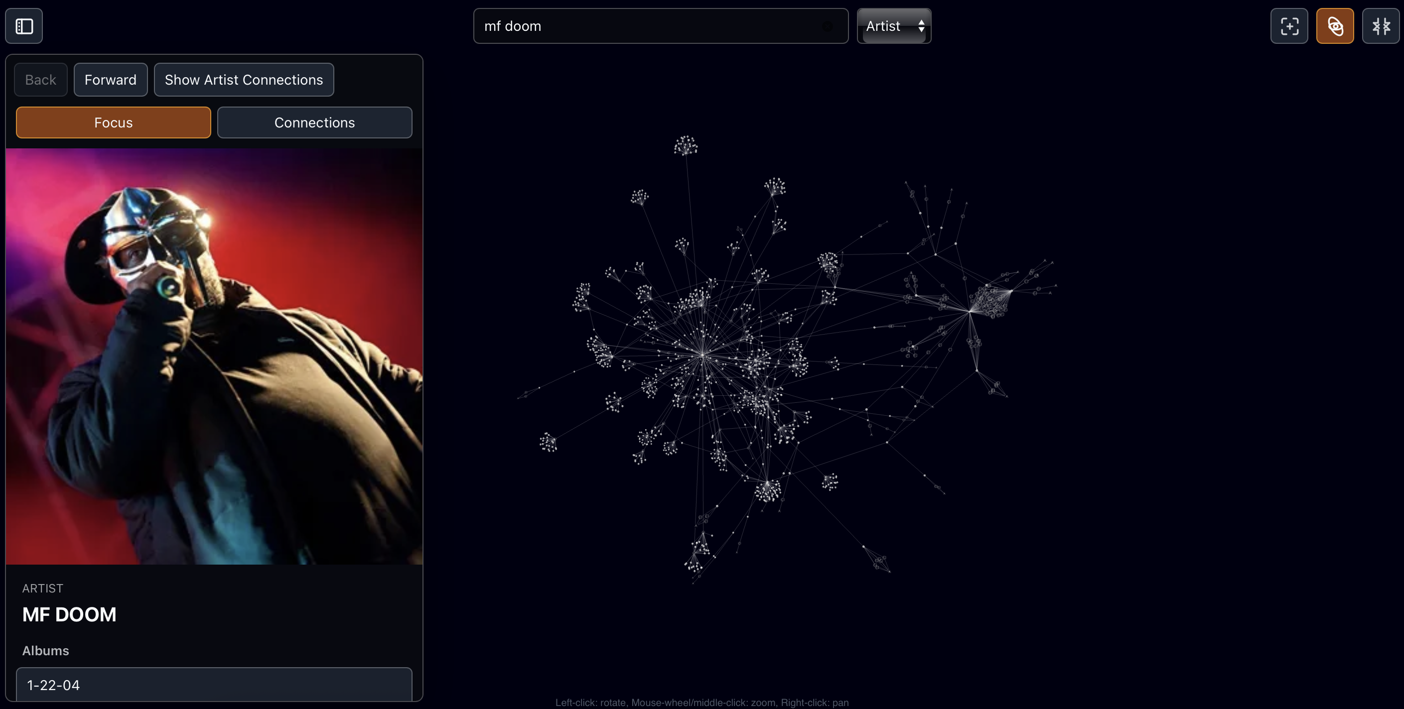 Samples MusicBrainz graph view showing MF DOOM sample connections.